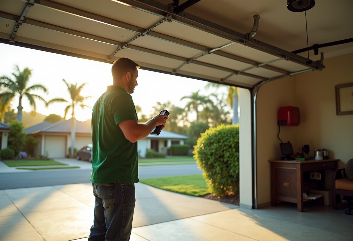 Technician adjusting a belt-drive garage opener — Pimpama